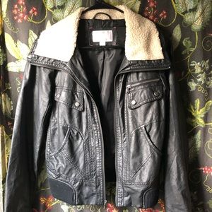 faux leather shearling bomber jacket